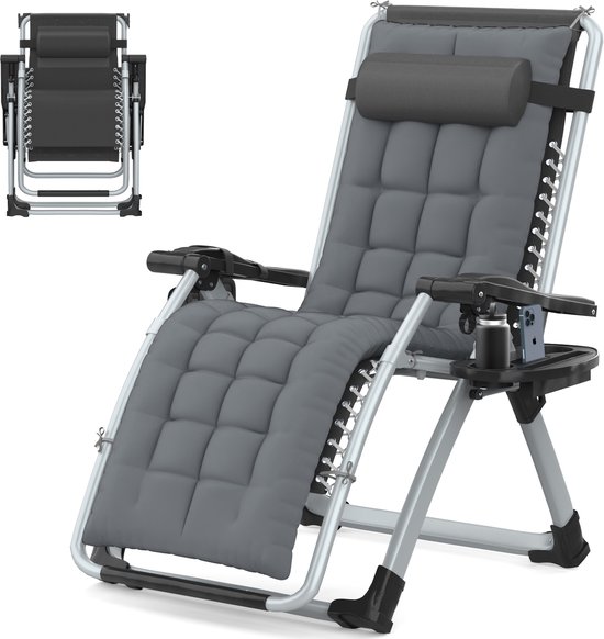 Chaise gravité zéro grise réglable, avec coussin matelassé et repose-tête. Porte-gobelet inclus.