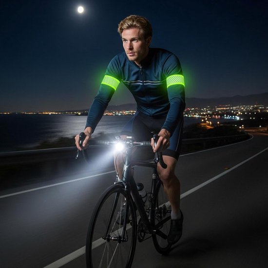 Man fietst 's nachts op een kustweg, draagt reflecterende banden om beide bovenarmen.
