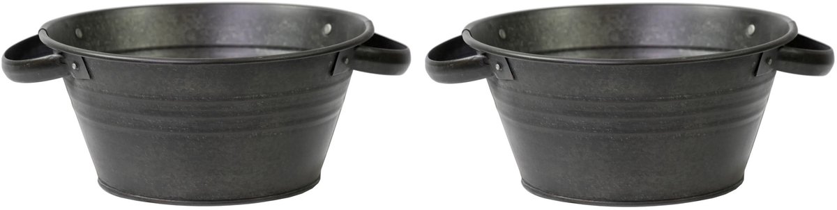 Mega Collections Teil Bloempot/plantenpot - 2x - zink - zwart - rond - D26 x H12.5 cm
