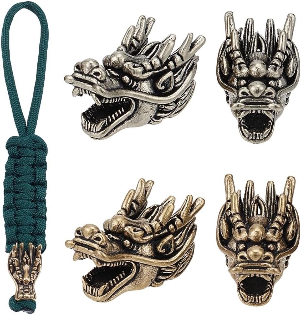 4 Stuks Kralen in 2 Kleuren voor Paracord Armbanden, Grote Gat Europese Messing Draak Hoofd Kralen voor Sieraden en Parachutetouw Accessoires