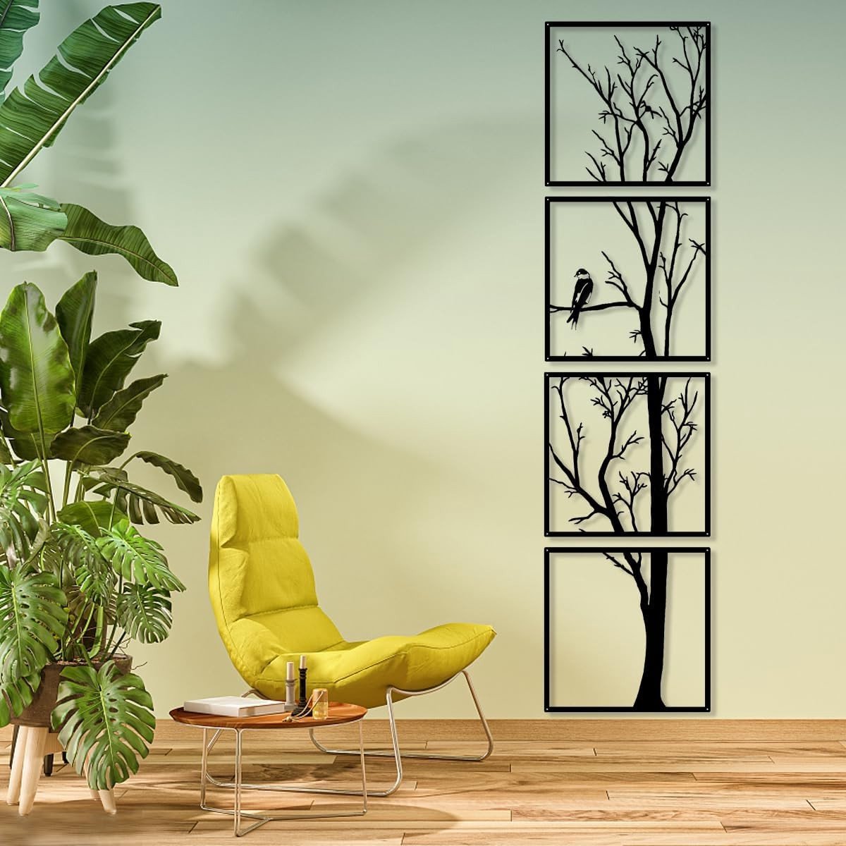 Moderne Wanddecoratie van 4 Stukken in Metaal, Kunst met Boommotief, Perfect voor Lente en Interieurstyling