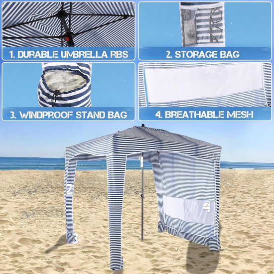 Strandtent - Strandcabana Zonnescherm - Bescherming tegen de zon - Afneembare zonnewand - 6ft x 6ft - Blauw gestreept — afbeelding 2