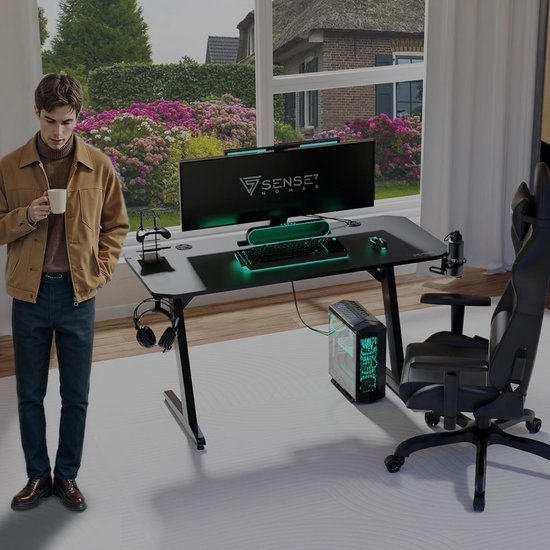 Gaming bureau - PC tafel werkstation - Productief werken gamen - Met accessoireshouders - 140 x 60 cm - Zwart — afbeelding 4