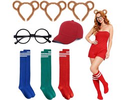Chipmunks Costume Set of 8 Striped Squirrels Costume Chipmunks Ears Hair Bands Knee Socks Round Glasses Frame Cap for Carnival Theme Party Halloween