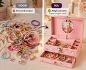 Vergelijking van rommelige sieraden voor en na opbergen in roze unicorn muziekdoos.