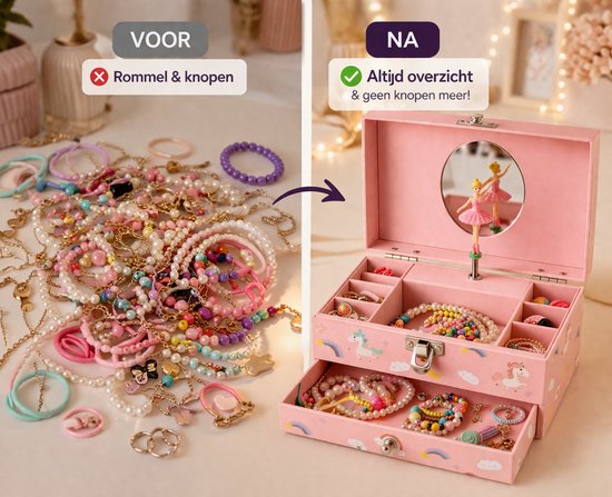 Vergelijking van rommelige sieraden voor en na opbergen in roze unicorn muziekdoos.