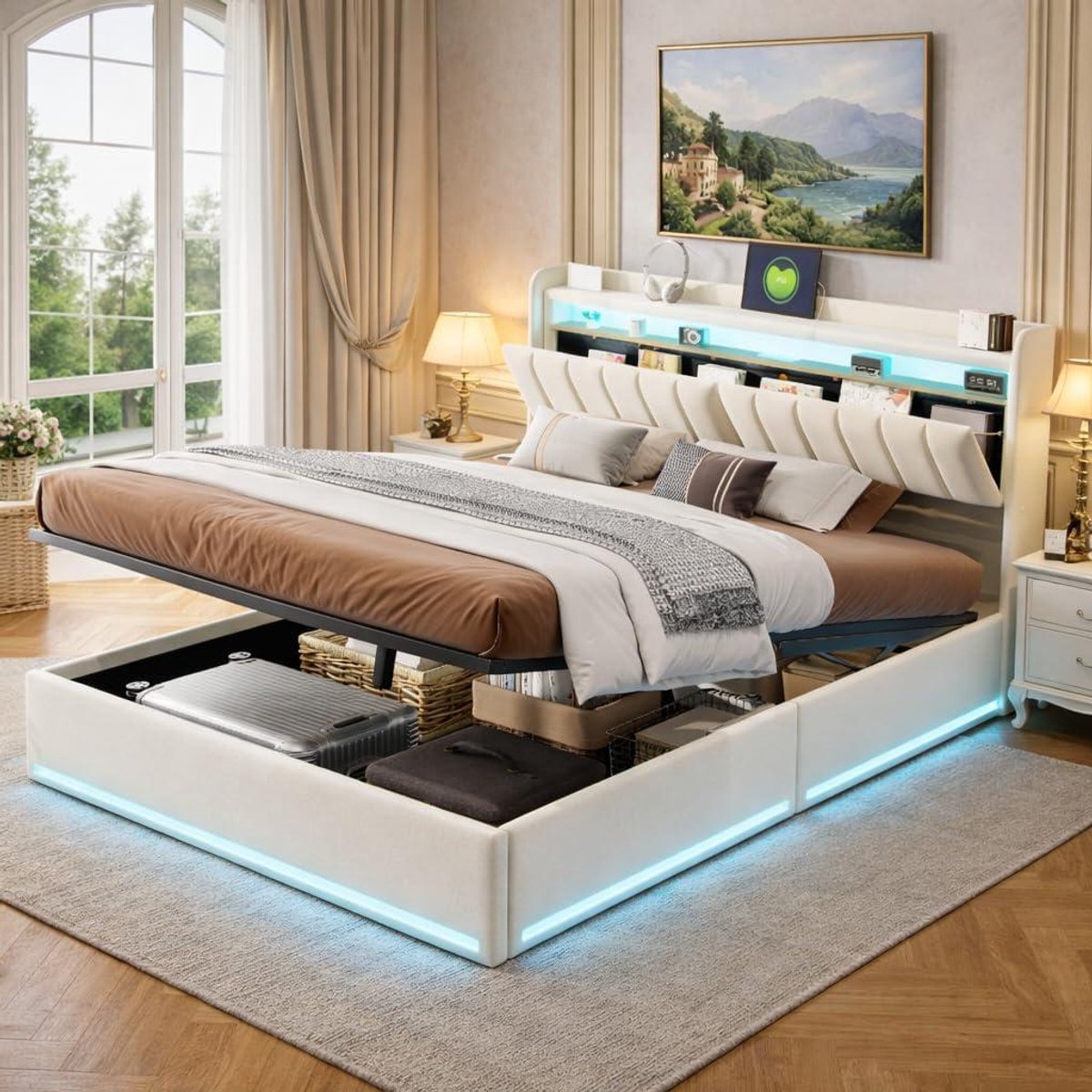 Gestoffeerd Tweepersoonsbed - Luxe Bedframe - Opbergen en Laden - Geïntegreerde LED en USB