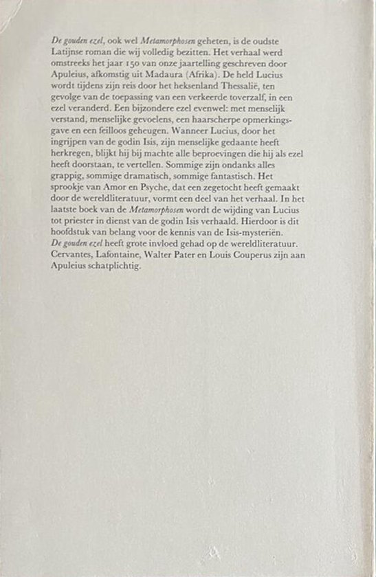 Dos du livre avec du texte sur 'De gouden ezel', également connu sous le nom de 'Metamorphosen'.