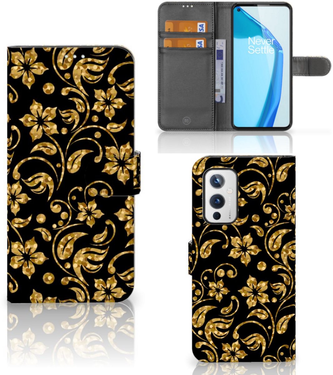 Book Case voor OnePlus 9 Hoesje Gouden Bloemen