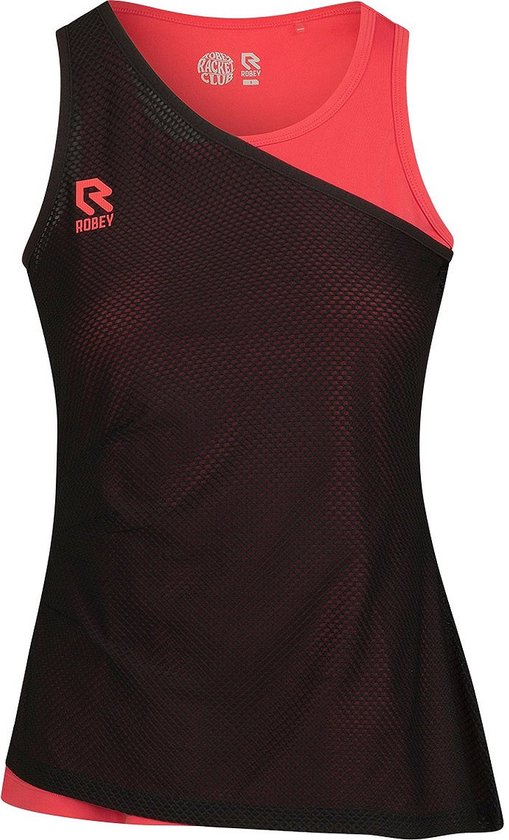 Débardeur de sport noir avec doublure corail et superposition asymétrique en mesh noir avec logo R Robey.