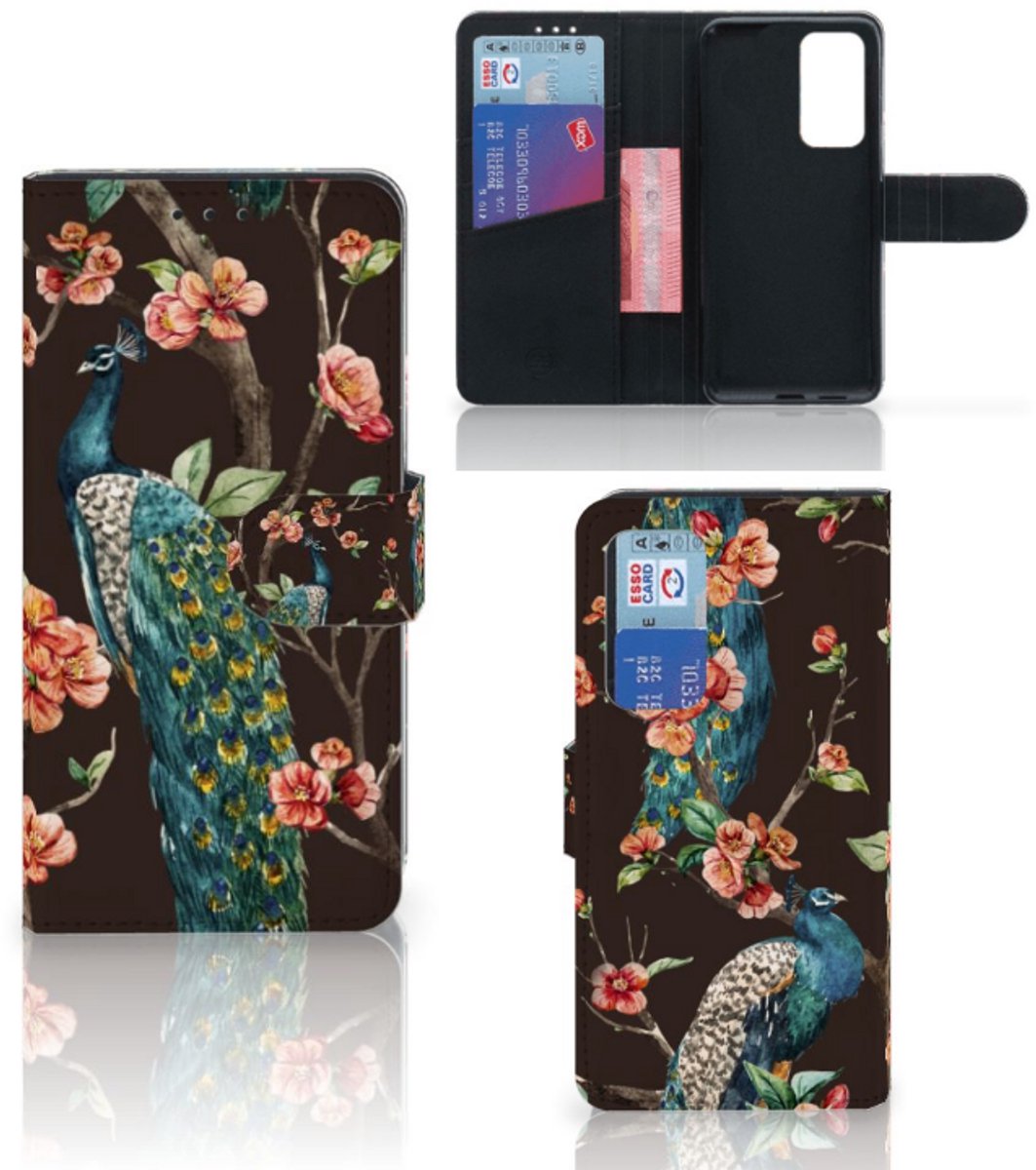 Huawei P40 Telefoonhoesje met Pasjes Pauw met Bloemen