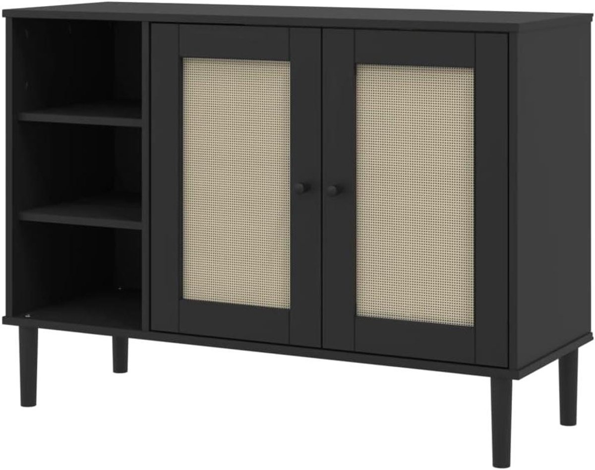 Dressoir met Rotan - Opbergkast Bijzetkast - Woonkamer Organiseren - Massief Grenenhout UV Vernis - 112x40x80 cm - Zwart