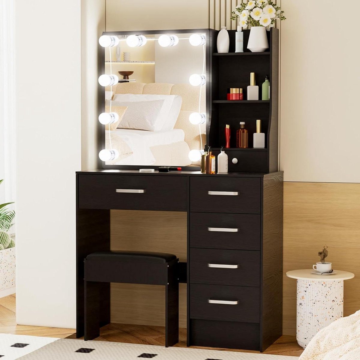 Kaptafel met Verlichting - Make-uptafel Spiegel - Make-up Aanbrengen - Verstelbare LED Lampen - 80x36x130CM - Zwart