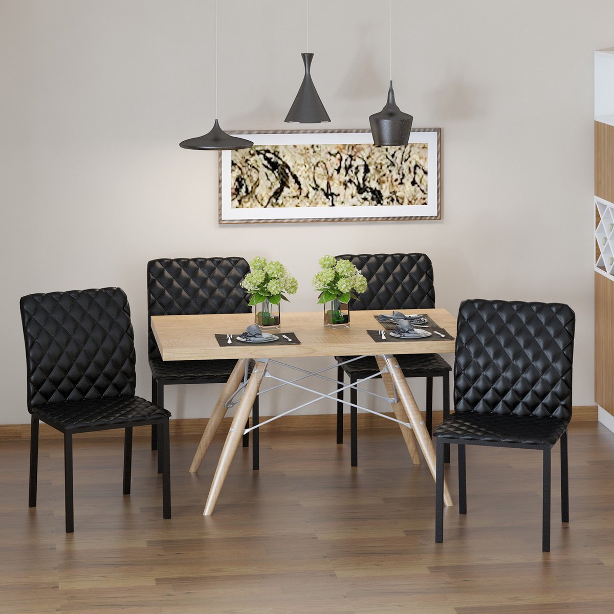 Wishdor Set Van 4 Eetkamerstoelen - Gestoffeerd Met Hoge Rugleuning En Ruitstiksel - Moderne Uitstraling Voor Eetkamer Of Keuken - Bekleding Van Imitatieleer Met Stalen Poten - Zwart - 41 X 50 X 91 Cm