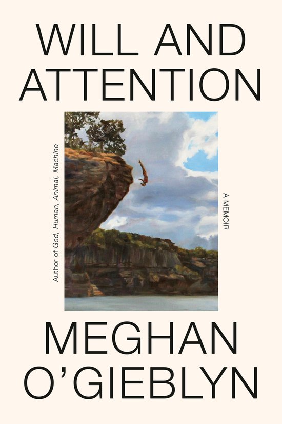 Boekomslag met de titel 'WILL AND ATTENTION' en een schilderij van een persoon die van een klif springt. Geschreven door MEGHAN O'GIEBLYN.