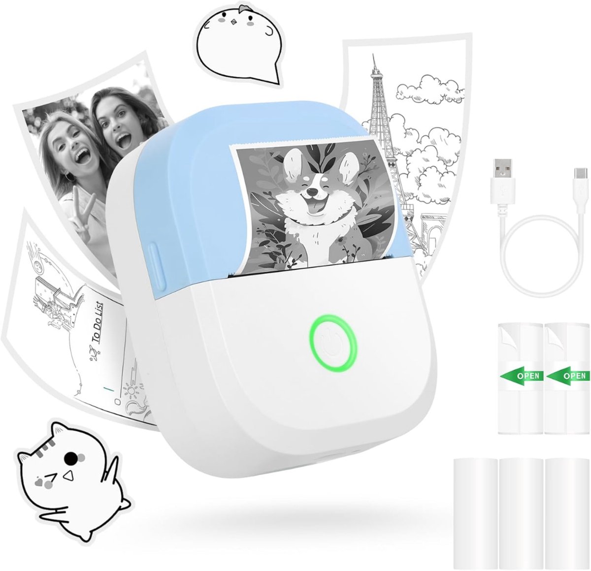 REN® Mini Printer - Fotoprinter - Mobiele Fotoprinter - Fotoprinter Voor Smartphone - Mini printer Voor Mobiel - Wit/Blauw - 5cm x 9cm x 11cm