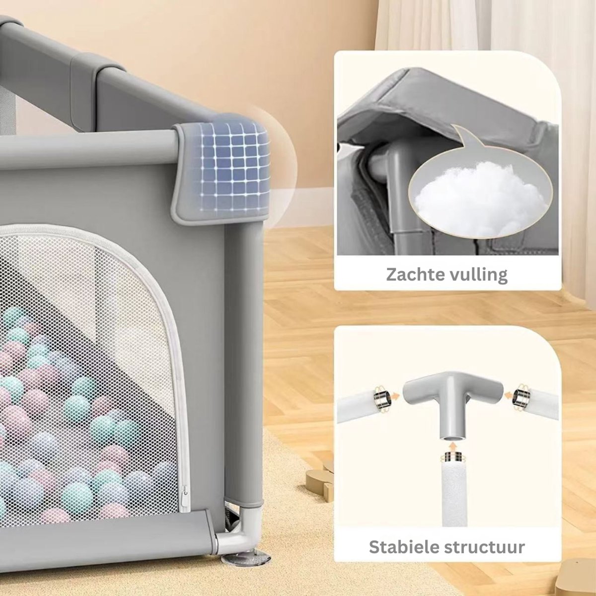 Livista Grondbox - Speelbox - Baby boxen - Kruipbox voor Baby - Playpen - Kinderbox - Met 4 trekring + 60 speelballen - 120 x 180 x 65cm - Grijs – foto 7