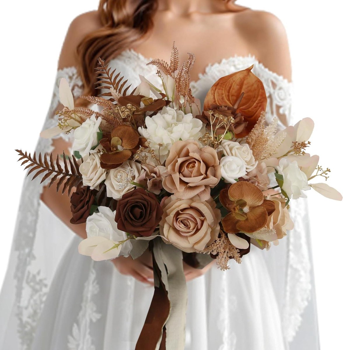 Bruidsboeket Kunstbloemen - Bruidswerk Decoratie - Bruiloft Versiering - Natuurlijk Uitziende Stoffen Bloemen - 355 cm - Walnootbruin