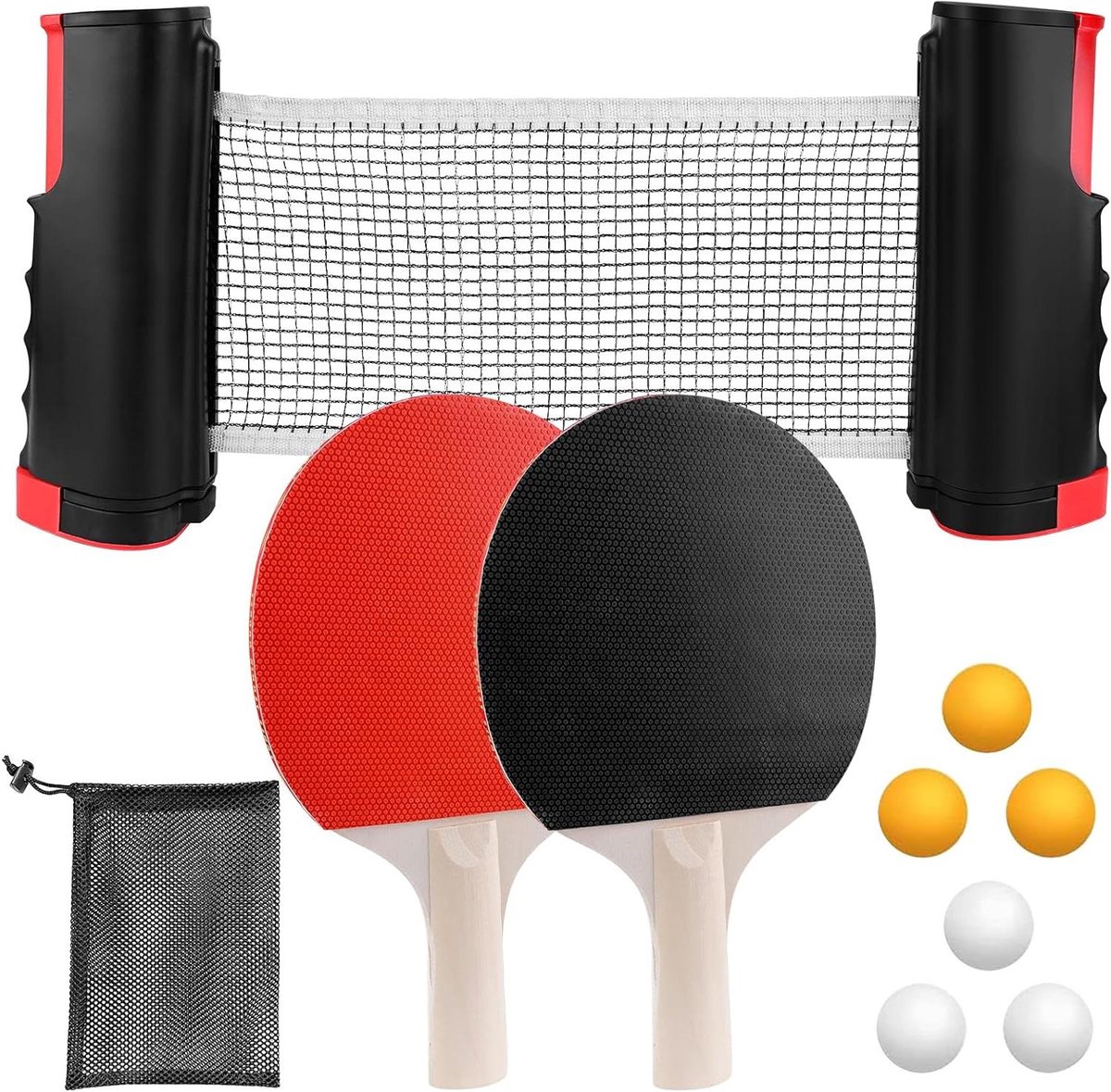 Tafeltennisset - Pingpong set - Thuis sporten - Intrekbaar net - 2 batjes 6 ballen - Rood