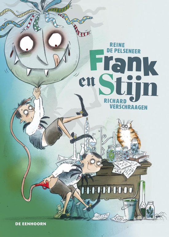 De voorkant van een kinderboek met de titel "Frank en Stijn" in grote letters. Twee jongens worden omhoog getrokken door een ballon in de vorm van een monster.
