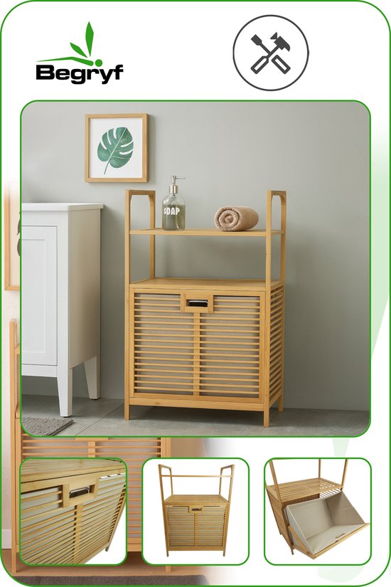 Bruine bamboe wasmandkast met twee planken en een uittrekbare wasmand, in een badkamer. Close-ups van de kast en wasmand.