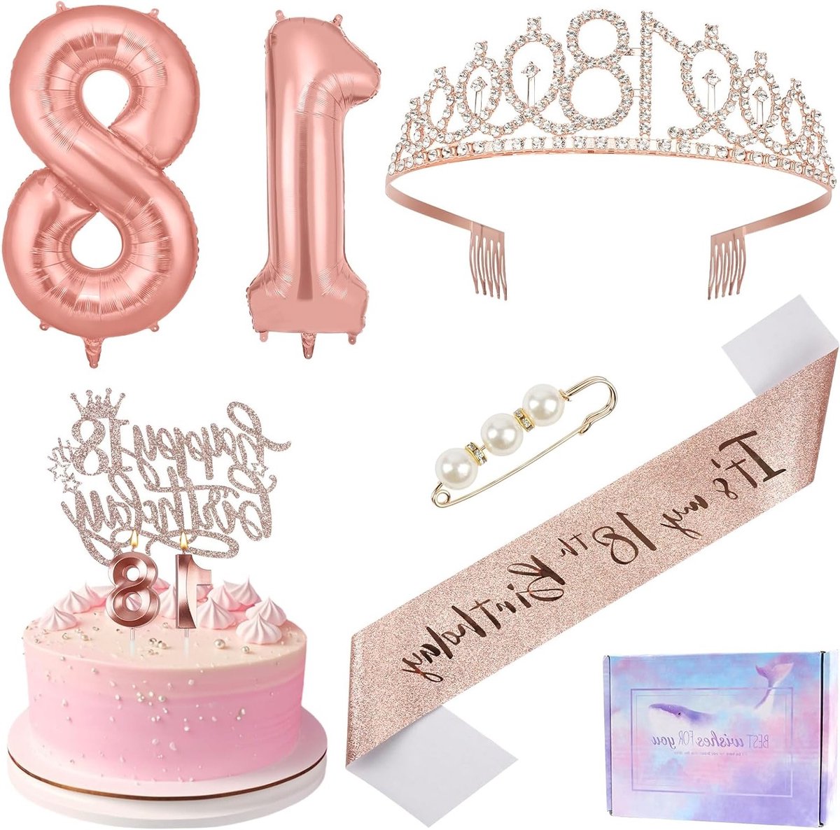 Feestelijke Decoratie voor 18e Verjaardag Meisje, Inclusief Taartaccessoires, Sjerp, Tiara, Kaarsen en Ballonnen voor een Onvergetelijk Feest