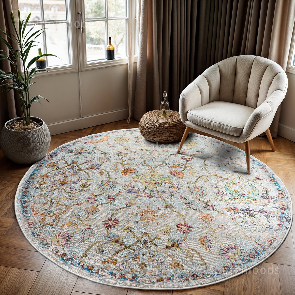 Muratap Picasso Sarough Vintage Rond Vloerkleed Creme / Beige Laagpolig, foto 2