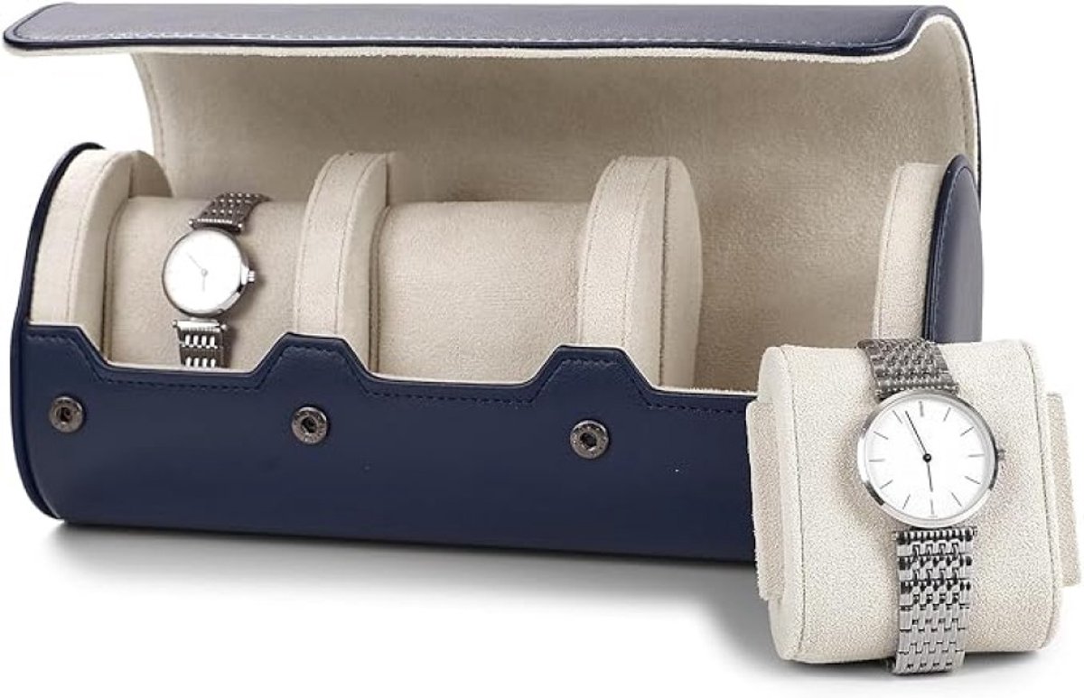 Luxe horlogerol met drie vakken - Donkerblauw PU lederen opbergdoos