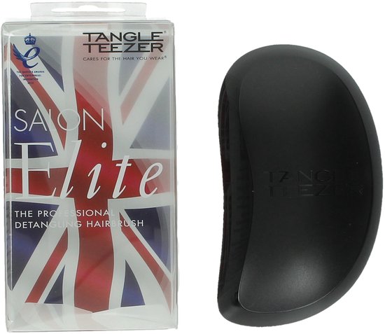 Zwarte Tangle Teezer Salon Elite haarborstel naast de verpakking met Union Jack.