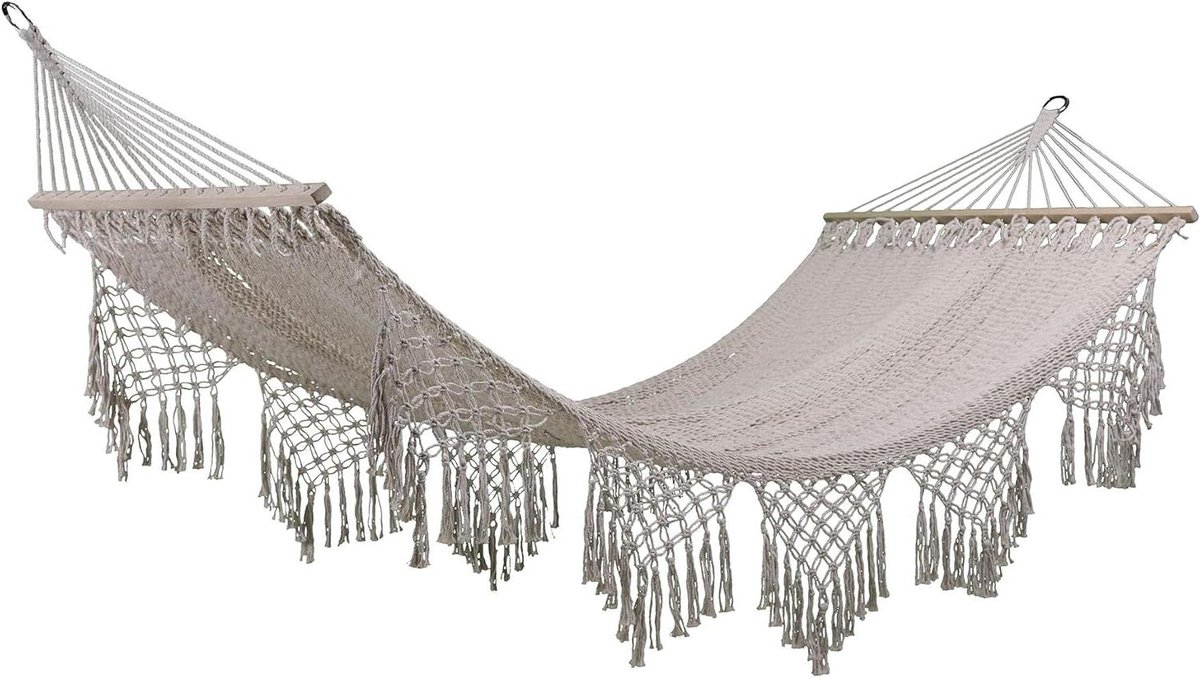 Hangmat Handgevlochten - Buitenhangmat Boheemse Stijl - Absolute Ontspanning Creëren - Handgeweven Franjes - 100 x 200 cm - Ecru