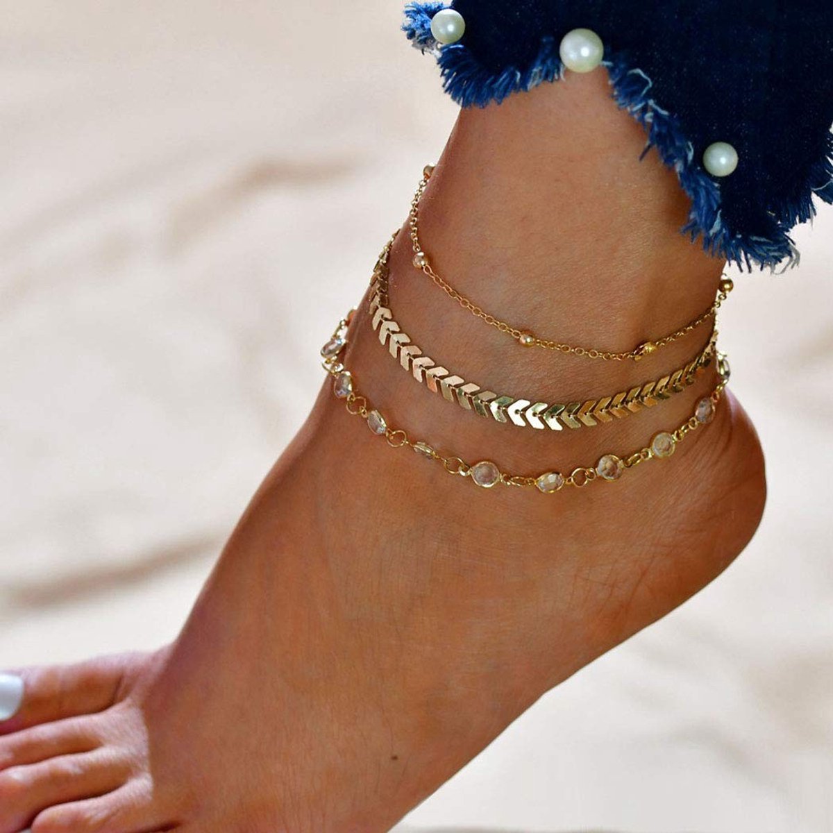 Jovono Boho Kralen Enkelbandje - Meerdere Lagen Strass Voet Sieraden voor Vrouwen