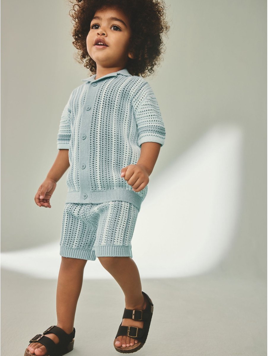Next - Jongens - Gehaakt gebreid shirt met korte mouwen en shorts - Blauw