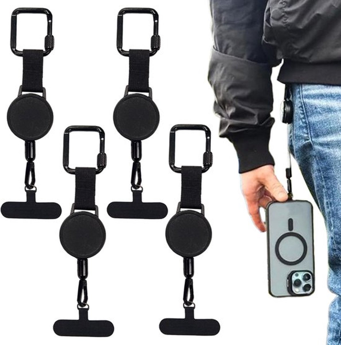 4 stuk intrekbaar antidiefstal telefoonkoord voor buiten - Duurzame, intrekbare antidiefstal telefoonhouder, lichtgewicht koordhouder met veilige clip, draagbaar bevestigingssysteem voor reizen, wandelen en klimmen
