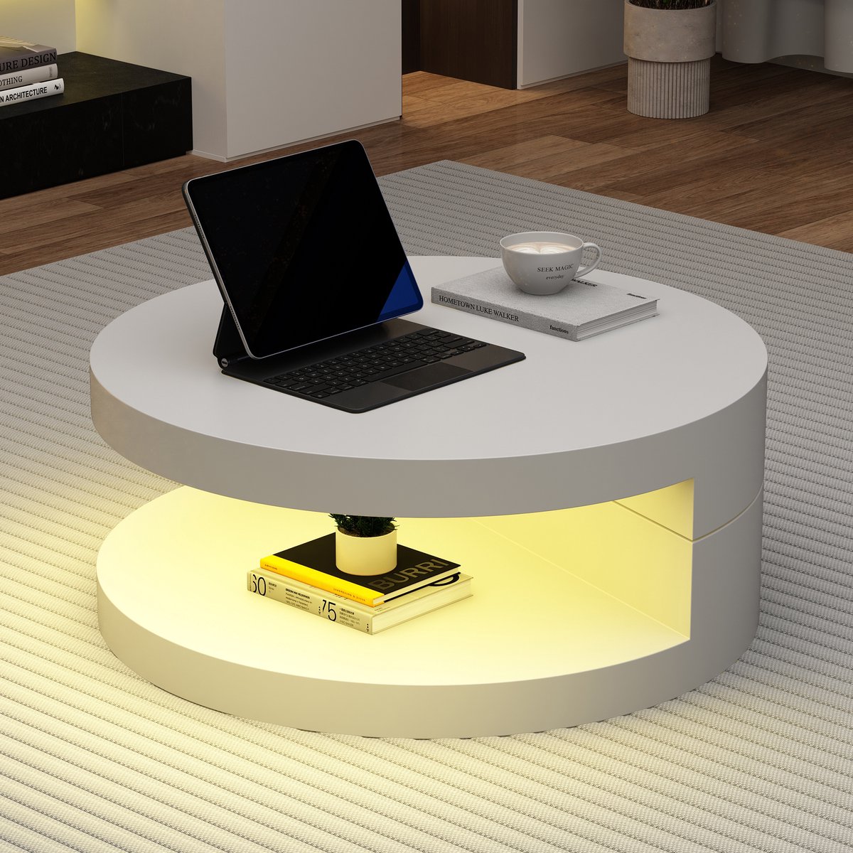 MODENUIT Salontafel - Draaibaar Tafelblad Met LED - Cilindrisch Voor Woonkamer - MDF - Wit - 70x70x35,5 Cm