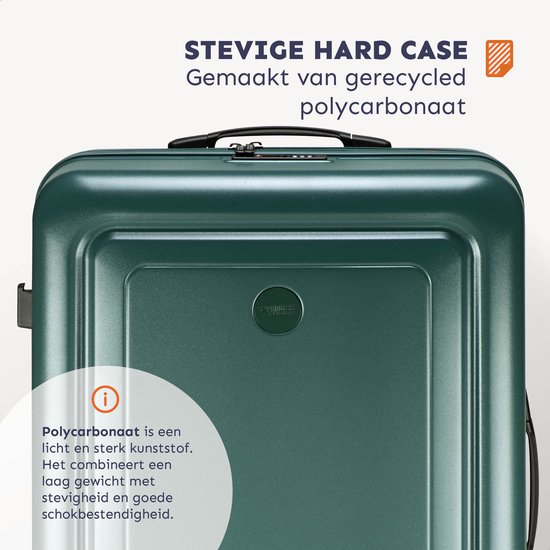 Gedetailleerd beeld van de stevige, groene polycarbonaten koffer van Princess Traveller.
