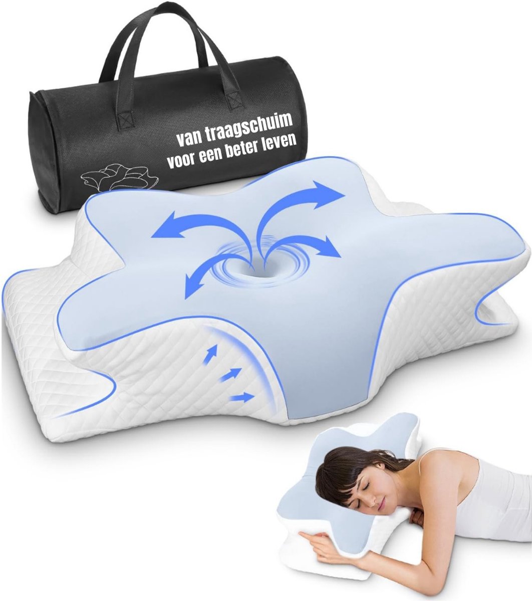 Zyrex® Hoofdkussen Nekklachten - Hoofdkussen Zijslaper - Hoofdkussen - Wit / Blauw - 62cm x 41cm x 13cm
