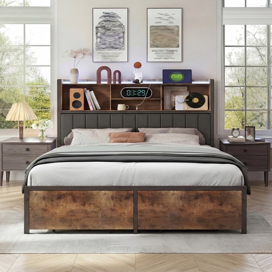 Gestoffeerd Bed met Ledverlichting en USB-poort - 160x200 cm - Zwart