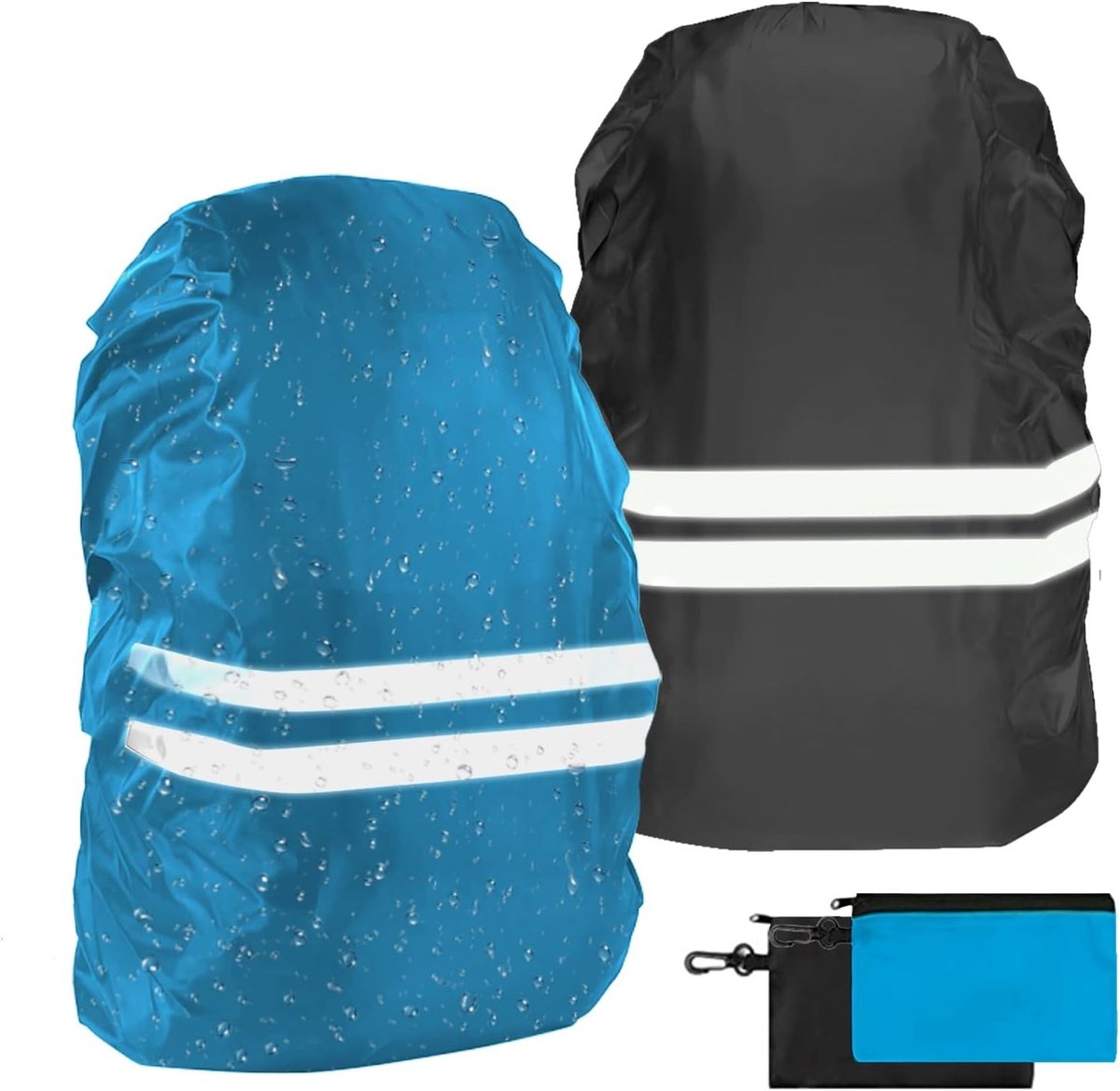 Waterdichte Rugzak Set van 2 met Reflecterende Cover voor Fietsen, Hardlopen en Wandelen, Geschikt voor Maten S/M/L, Kleur: Zwart & Blauw, Inhoud 30-40L
