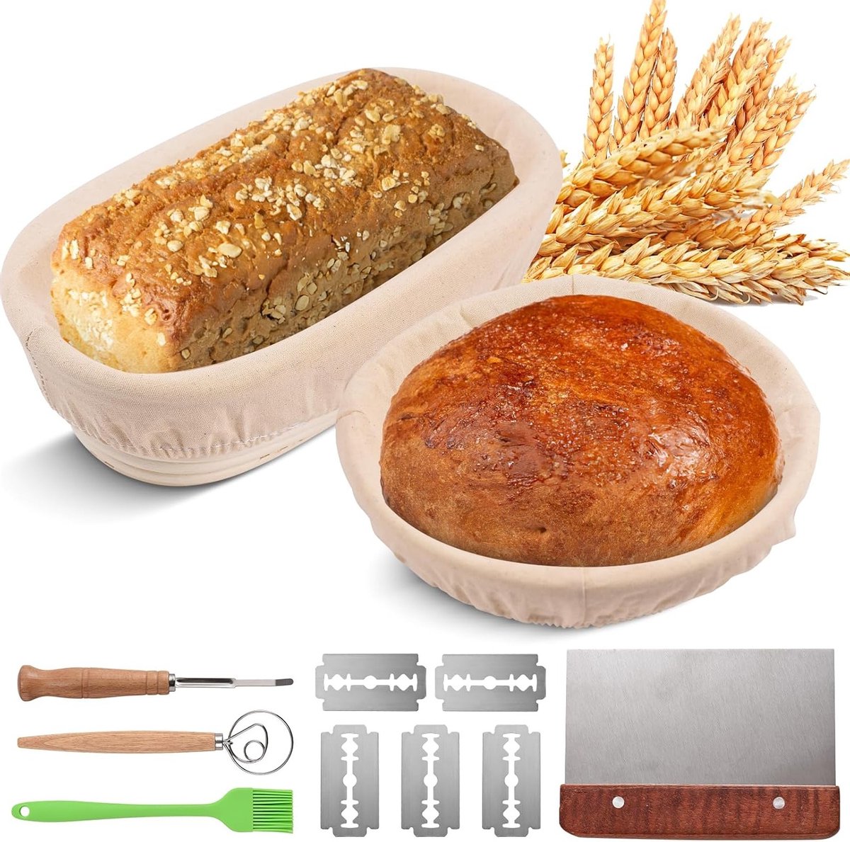 Set van 2 Ronde Bewijsmanden van 25.5 cm voor het Bakken van Desembrood, Inclusief Brood Lame, Klopper en Deksel - Compleet Starterspakket voor Broodproductie