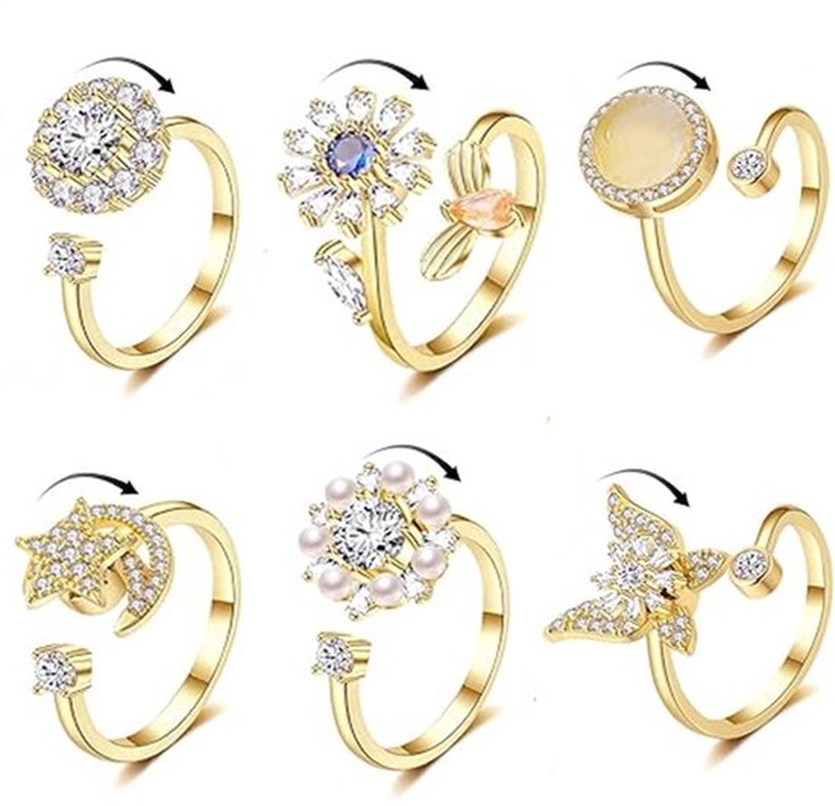 6 stuks anti-angst fidget-ringen voor dames, verstelbare spinnerring, vlinder zonnebloem ster angst ringen, modieuze sieraden stressverlichting voor vrouwen, Gouden
