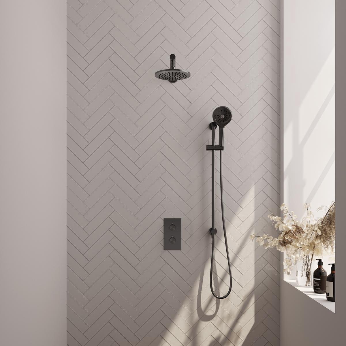 Brauer Gunmetal Carving Thermostatische Regendoucheset Inbouw - Hoofddouche 20 cm - Rechte Wandarm - 3 Weg - Handdouche 3 Standen - Doucheslang - Geintegreerde Glijstang - Gunmetal