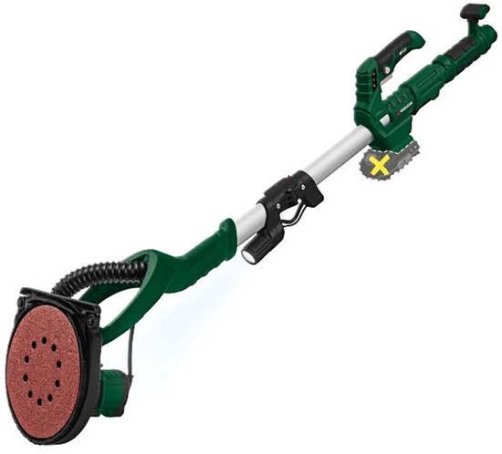 Lange, groene en zilverkleurige PARKSIDE schuurmachine met schuurschijf en telescoopsteel.