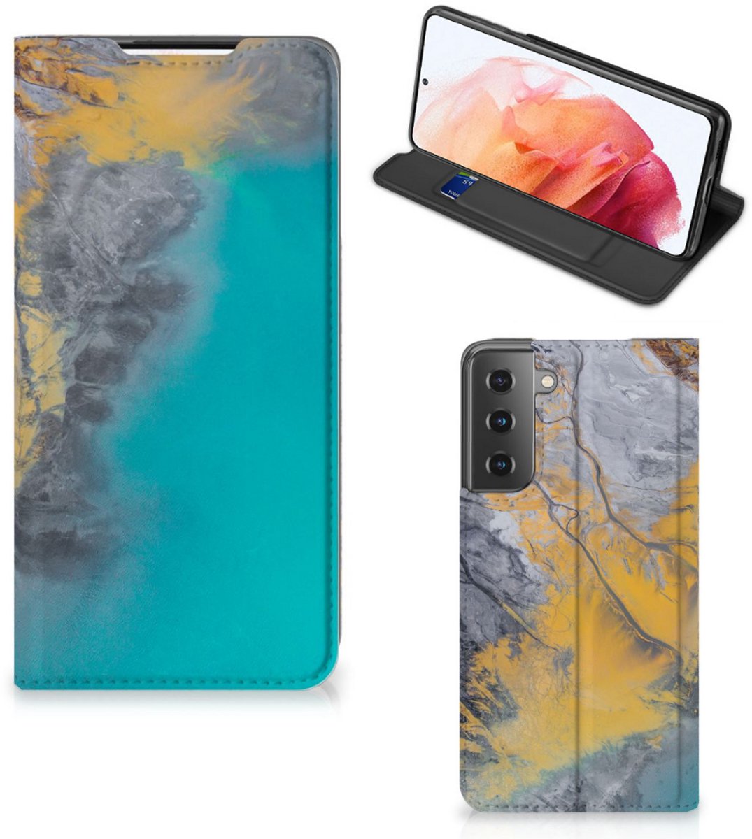 Book Case voor Samsung Galaxy S21 Standcase Marble Blue Gold