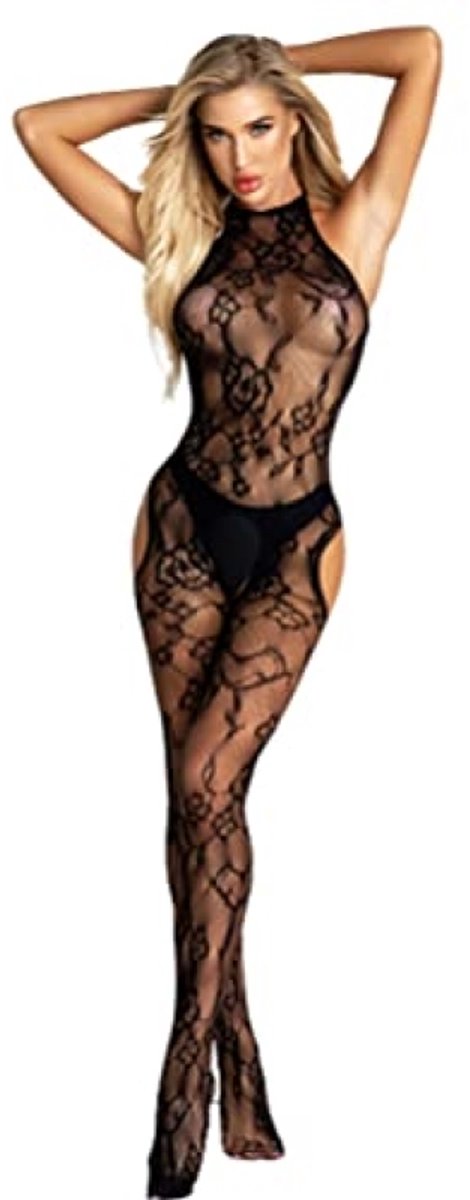 Lingerie bodystocking met strik, netstof jumpsuit voor dames, mouwloze catsuit in zwart