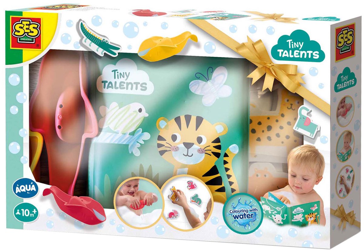 SES Creative - Tiny Talents - Bad Speelset - Safari Thema - kleur met water boekje + 14 schuimfiguren + 2 badbootjes - badspeelgoed vanaf 10 maanden