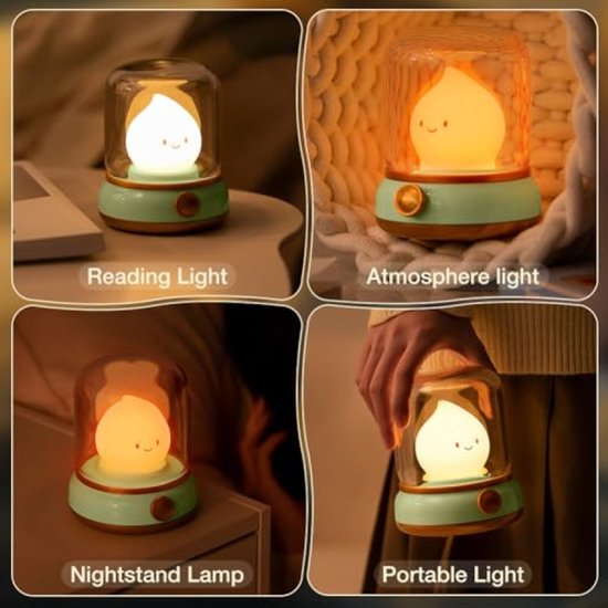 merkloos Oplaadbare Retro Nachtlicht - Groene Flikkerende Vlam, Dimbare LED, Timer, Veilig — afbeelding 5