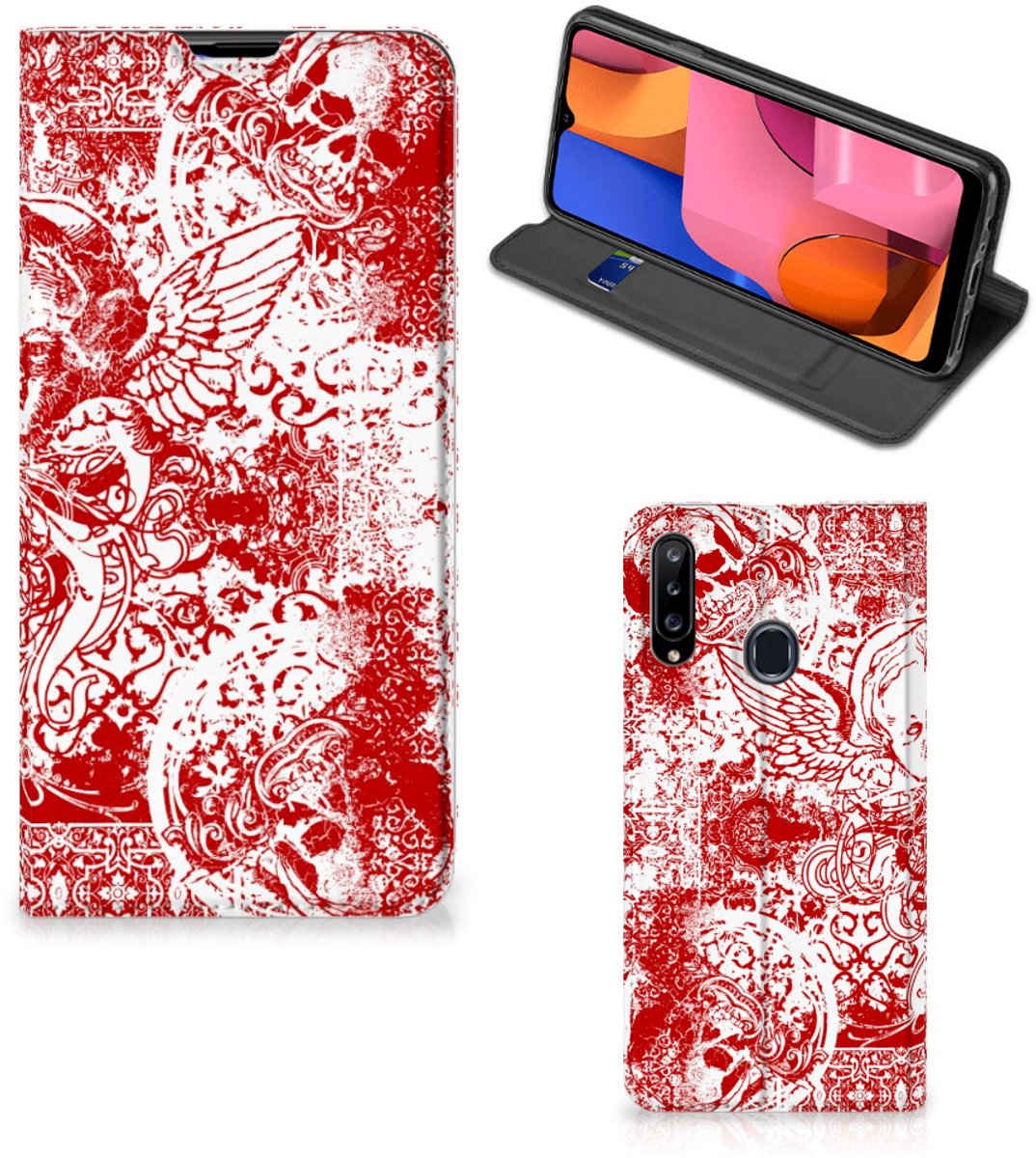 Mobiel BookCase Samsung Galaxy A20s Angel Skull Rood