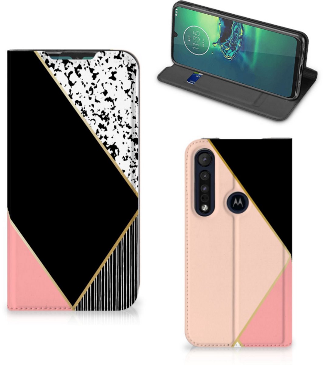 Motorola G8 Plus Stand Case Zwart Roze Vormen