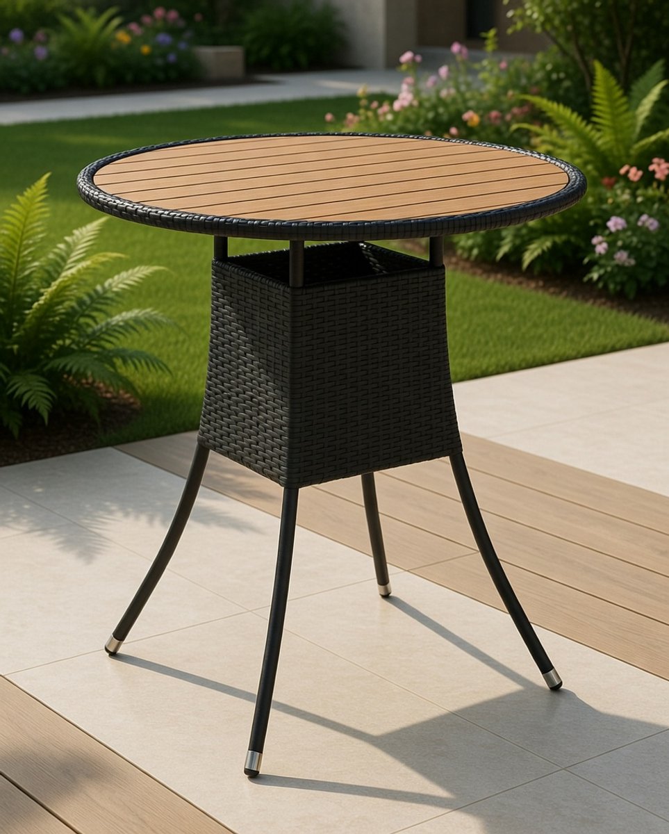 Luxe Ronde Tuin Tafel Ø70 cm – Polyrattan & Acaciahout – Weerbestendig Balkon Tafel Buiten – Zwart/Bruin | medahomestore