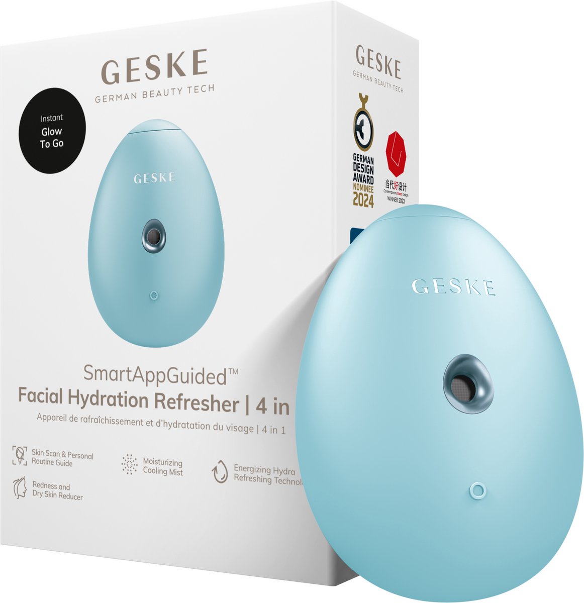 GESKE | SmartAppGuided™ Facial Hydration Refresher | 4 in 1 | Waterverstuiver | Gezichtsstomer | Waterspray | Face mist | Gezichtsreinigingsapparaat | Mist | Cosmetica | Natuurlijke glans